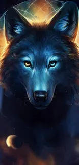 Mystical blue wolf with a cosmic background.