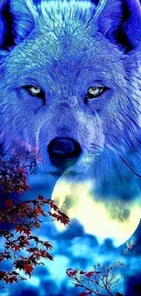 Blue wolf under a moonlit sky with vivid colors and nature elements.