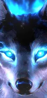 Mystical blue wolf with glowing eyes and cosmic background.