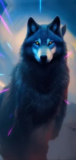 Blue wolf in a cosmic and mystical fantasy world.