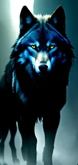 Majestic blue wolf in a mystical forest setting with glowing eyes.