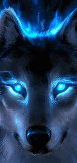 Mystical blue wolf with glowing eyes wallpaper.