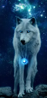 A mystical blue-eyed wolf against a cosmic galaxy background.