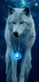 Mystical blue wolf under a starry cosmic sky.