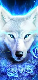 Blue wolf with glowing roses wallpaper.