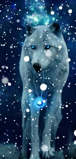 Mystical blue wolf with glowing eyes in a snowy, starry night backdrop.