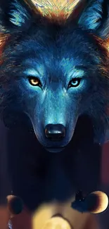 Mystical blue wolf with cosmic background art.