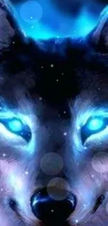 Mystical blue wolf wallpaper with glowing eyes.