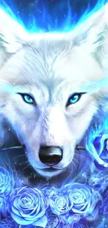 Mystical wolf with blue roses in a fantasy art style.