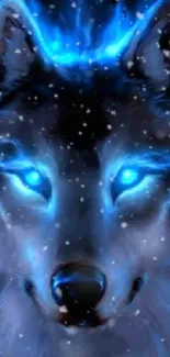 Blue wolf glowing with mystic fire and bright eyes.