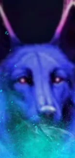 Mystical blue wolf with vibrant glowing aura on a dark background.