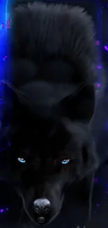 Mystical blue wolf with neon accents in dark theme.