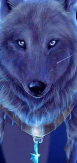 Mystical blue wolf with glowing eyes and intricate design.