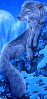 Mystical blue-themed mobile wallpaper with a wolf and moon.