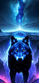 Blue mystical wolf under starry sky wallpaper.