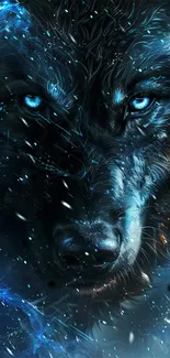 Majestic blue wolf with glowing eyes in digital art.