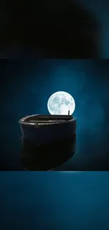 A lone boat under a full moon with a dark blue night sky backdrop.