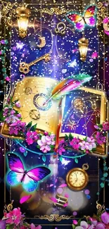 Mystical wallpaper with book, butterflies, and flowers on a celestial background.