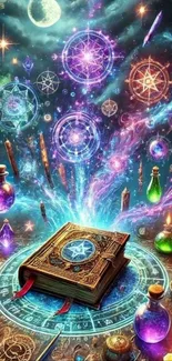 Mystical book with cosmic spiral and vibrant colors wallpaper.