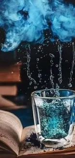 Mystical blue smoke over a book with a glass cup in stunning light.