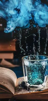 Mystical scene with book, glass, and blue smoke.
