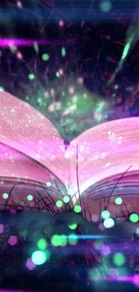 Open book with neon glow and sparkling lights in a mystical setting.