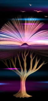 Whimsical wallpaper of a book transforming into a tree with a purple sky.