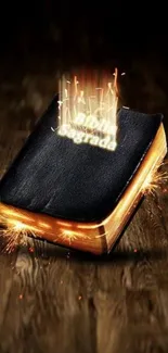 Mystical glowing book with sparks on a wooden floor.