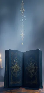 Open mystical book with glowing candles and symbols.