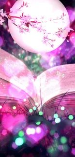 Open book with cherry blossoms under mystical lights.