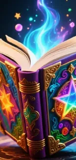 Mystical open book with colorful glowing aura.