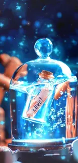 Mystical bottle with glowing blue light and floating message in an elegant setting.