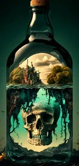 Mystical bottle with skull imagery and enchanting landscape.