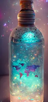 Mystical glowing bottle with celestial world map design.