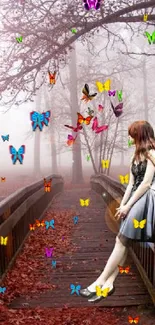 Autumn scene with girl on bridge surrounded by butterflies in a foggy forest.