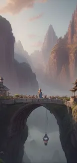 Fantasy wallpaper with a mystical bridge and majestic mountains.