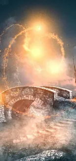 Enchanting fantasy bridge with glowing orbs amidst fog and dark landscape.