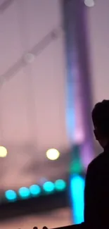 Silhouette of a figure against a softly lit bridge at night.