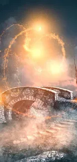 Mystical bridge with glowing lights under a starry night sky, atmospheric and enchanting.