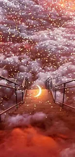 Mystical bridge through red clouds to crescent moon.