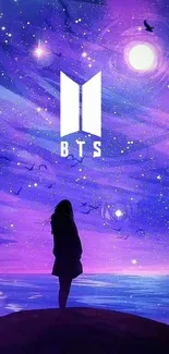 Mystical BTS wallpaper with starry purple night sky.