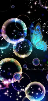 Colorful bubble and butterfly wallpaper with dark background.