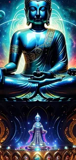 Mystical Buddha illustration with vibrant colors.