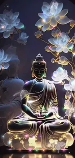 Luminous Buddha with flowers glowing in a serene mobile wallpaper.