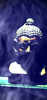 Buddha statue with mystical smoke effect in serene indigo hues.