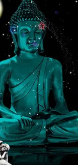 Teal Buddha under a starry night sky wallpaper.