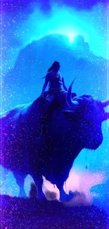 Mystical silhouette of a bull rider against a vibrant cosmic blue background.