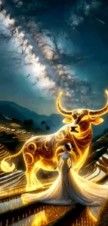 Mystical glowing bull under a starry sky with terraces, ideal for fantasy wallpaper.