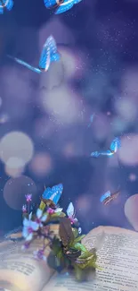 Magical butterflies flutter over an open book with a mystical blue night sky background.