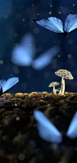 Mystical wallpaper with butterflies and glowing mushrooms.